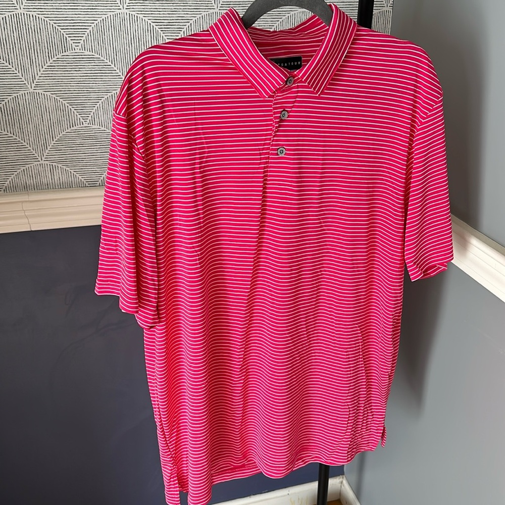 PGA tour golf shirt size large hot pink with white stripe. NWOT